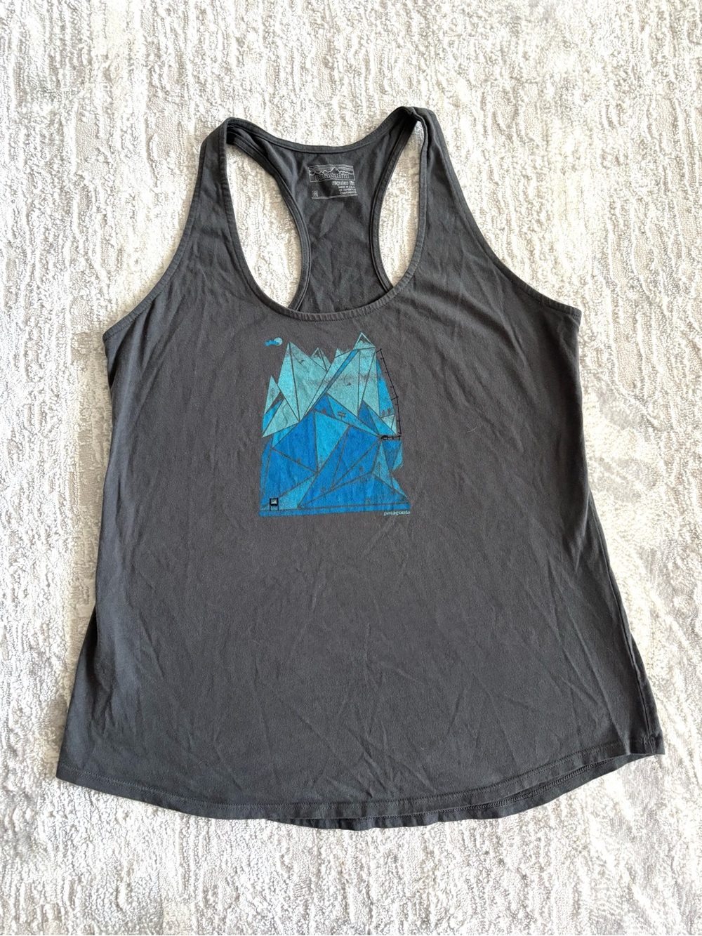 Patagonia Dark Grey Racerback Tank with Blue Geometric Mountain Graphic